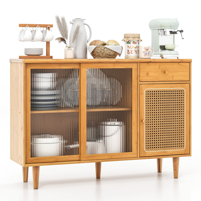 Bamboo Buffet Cabinet - Tempered Glass Sliding Doors and Drawer in Natural Finish - Perfect Storage Solution for Dining Room