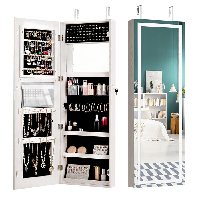 Jewellery Cabinet with Lights and 2 Keys - Mirror exterior, large capacity, white finish - Space-saving solution for secure jewellery storage
