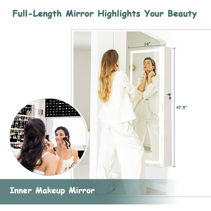 Jewellery Cabinet with Lights and 2 Keys - Mirror exterior, large capacity, white finish - Space-saving solution for secure jewellery storage