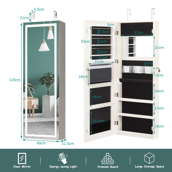 Jewellery Cabinet with Lights and 2 Keys - Mirror exterior, large capacity, white finish - Space-saving solution for secure jewellery storage