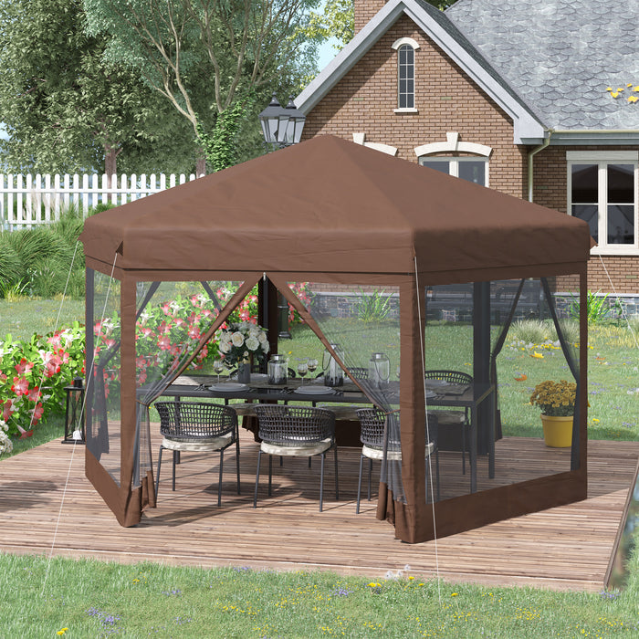 Hexagonal Pop-Up Gazebo - 3x3.5m Canopy with Adjustable Height, Sun Shelter, Mosquito Netting & Zipped Door, Brown - Ideal for Outdoor Parties & Gatherings