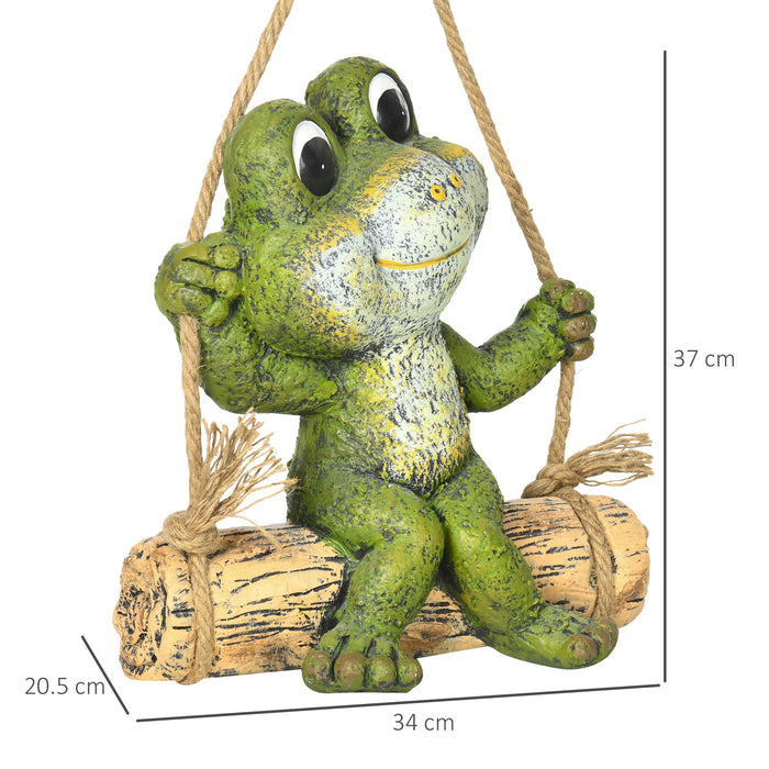 Vivid Frog on Swing Hanging Garden Statue - Artistic Outdoor Sculpture in Green - Charming Home Decor and Garden Enhancement
