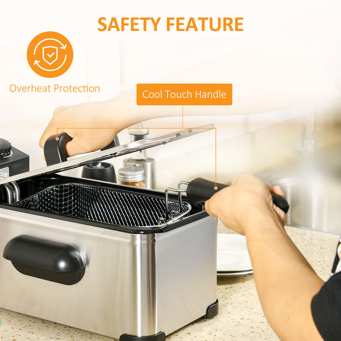 2000W Stainless Steel Deep Fat Fryer - 3L Capacity with Adjustable Temperature, 60-Min Timer & Viewing Window - Ideal for Homemade Crispy Foods with Safety Cut-Out Feature