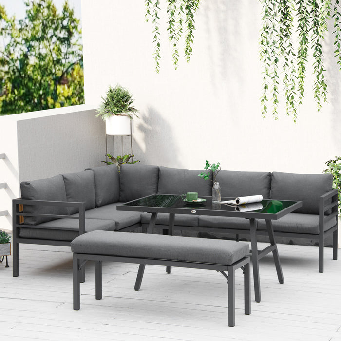8-Seater Aluminium Garden Furniture Set - Outdoor Dining and Sofa Combination with Bench, Table, and Grey Cushions - Perfect for Patio Entertainment and Family Gatherings