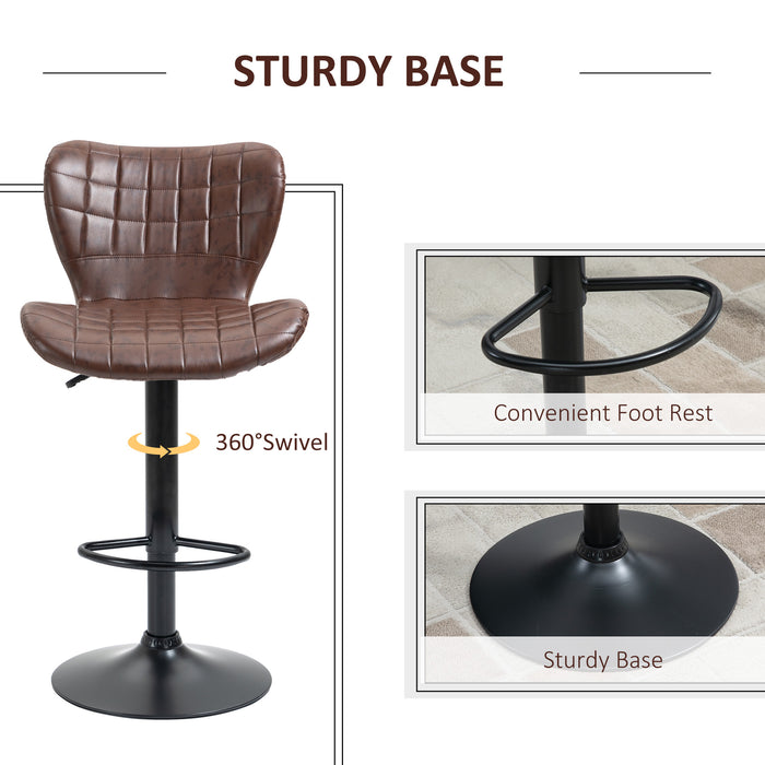 Adjustable Height Swivel Bar Stools Pair - Upholstered in Brown PU Leather with Back & Footrest - Ideal for Kitchen Island & Home Bar Comfort seating