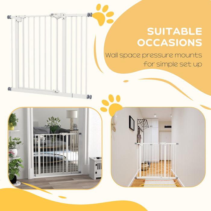 Adjustable Metal Dog Barrier 74-94cm - Sturdy Safety Pet Gate in White - Ideal for Keeping Dogs Secure in Home Spaces