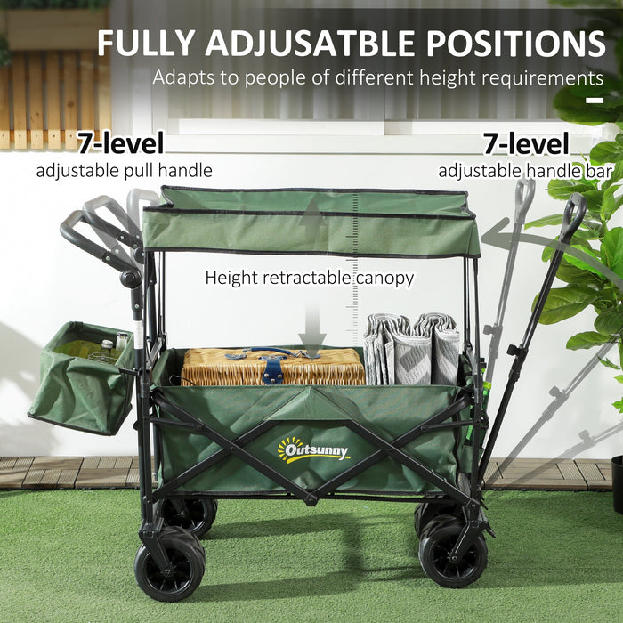 Beach Trailer Folding Trolley - 4-Wheel Storage Wagon with Canopy and Pull Handle - Ideal for Camping and Outings in Green