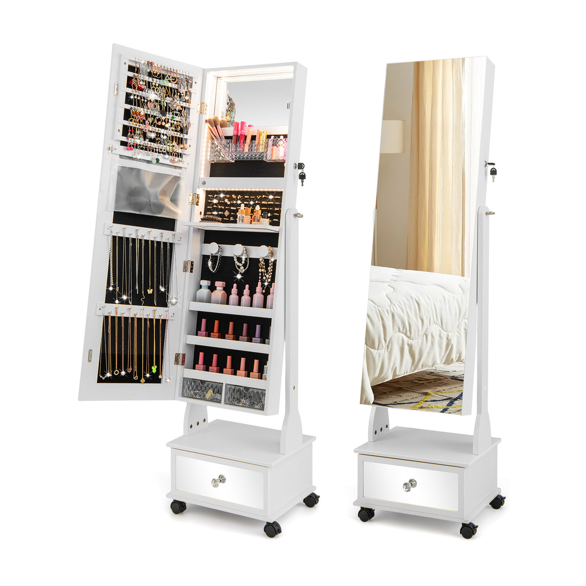 Armoire Jewelry Organizer with Full-Length Mirror - LED-Lit Storage with Drawers in White - Perfect for Safekeeping and Organizing Your Precious Jewels