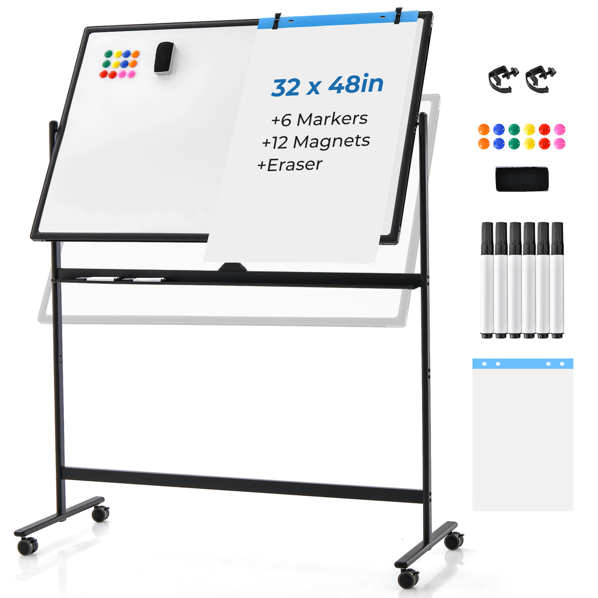 Mobile Whiteboard Reversible, Adjustable & Easy Transport for