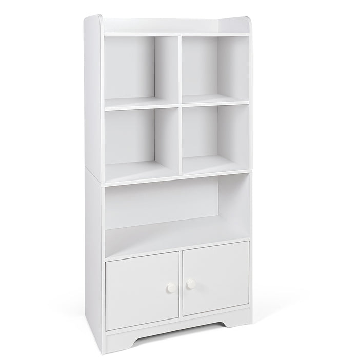 Modern 4-Tier Bookcase - 4 Cube Shelves and 2-Door White Cabinet - Ideal For Organizing and Displaying Books or Décor
