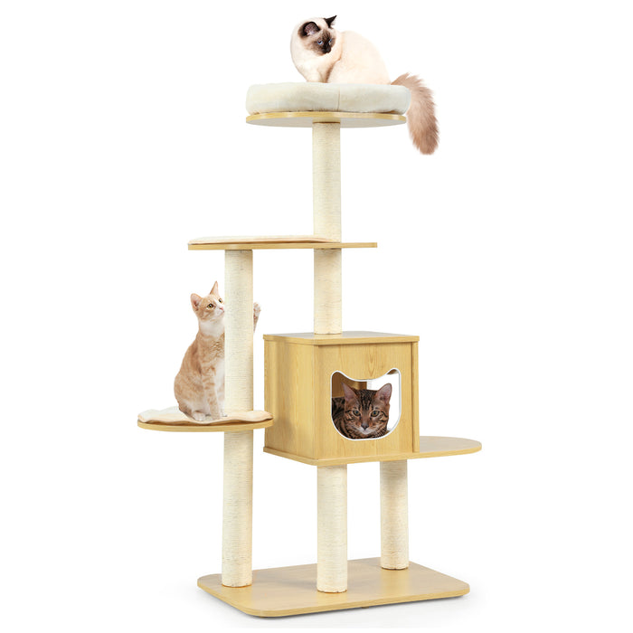 Multi-level Cat Tower - Natural Finish with Scratching Posts, Condo and Perches - Perfect For Cats Who Love Climbing and Scratching