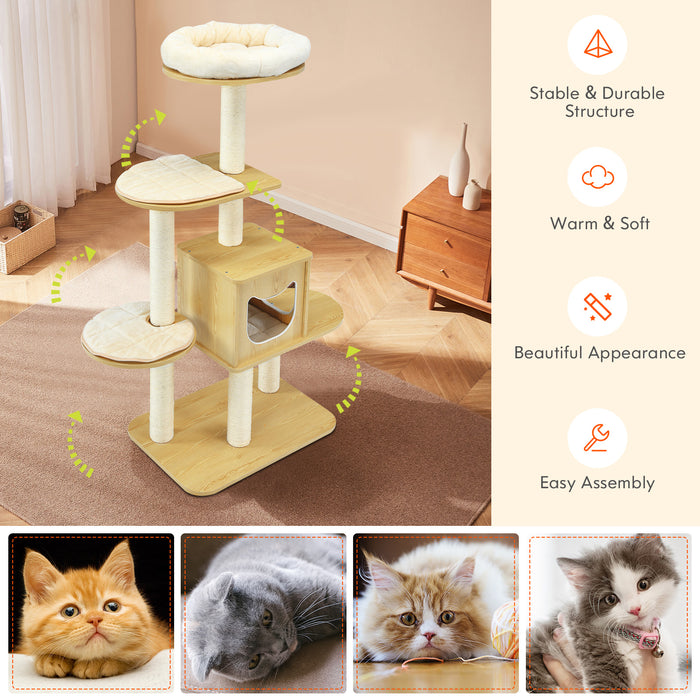 Multi-level Cat Tower - Natural Finish with Scratching Posts, Condo and Perches - Perfect For Cats Who Love Climbing and Scratching