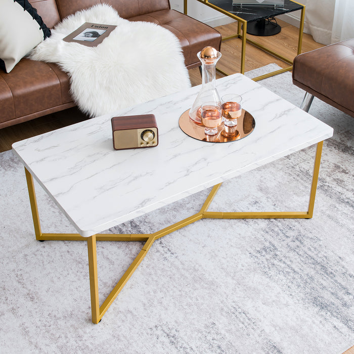 Modern Coffee Table - Faux Marble Tabletop, Golden Y-Design - Ideal for Contemporary Living Spaces