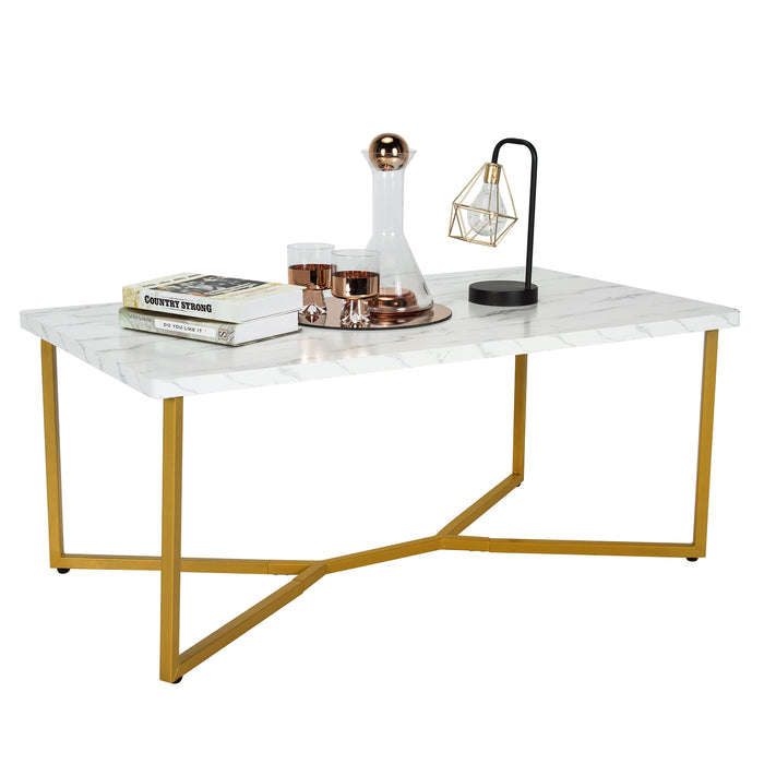 Modern Coffee Table - Faux Marble Tabletop, Golden Y-Design - Ideal for Contemporary Living Spaces