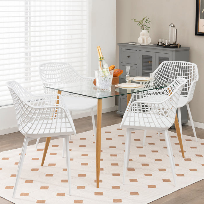 Set of 4 Modern Dining Chairs - White Chairs with Unique Airy Hollow Backrest - Perfect for Dining Rooms and Stylish Homes