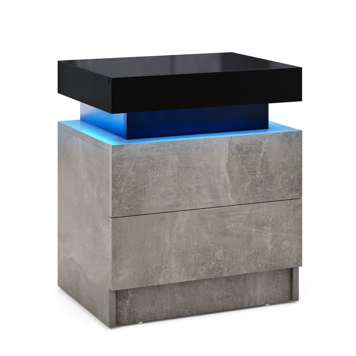 Faux Marble Modern Nightstand - End Table with 2 Drawers, Integrated LED Light - Ideal for Bedroom Organization and Style Enhancement