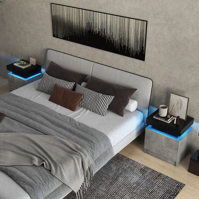 Faux Marble Modern Nightstand - End Table with 2 Drawers, Integrated LED Light - Ideal for Bedroom Organization and Style Enhancement