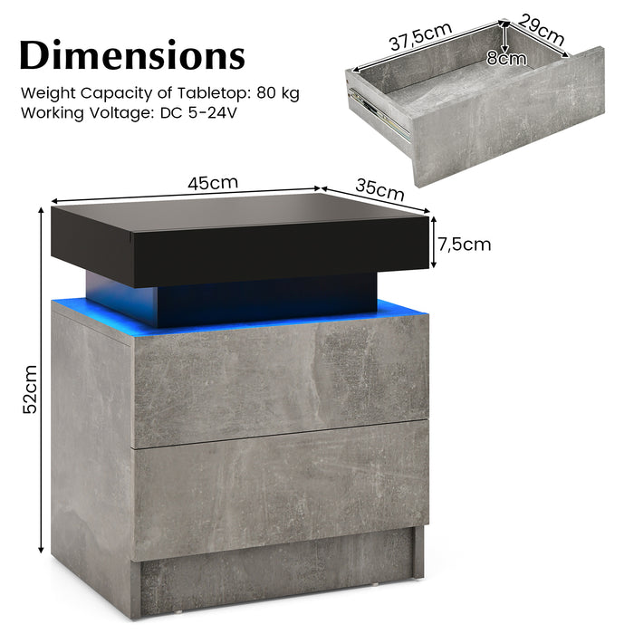 Faux Marble Modern Nightstand - End Table with 2 Drawers, Integrated LED Light - Ideal for Bedroom Organization and Style Enhancement