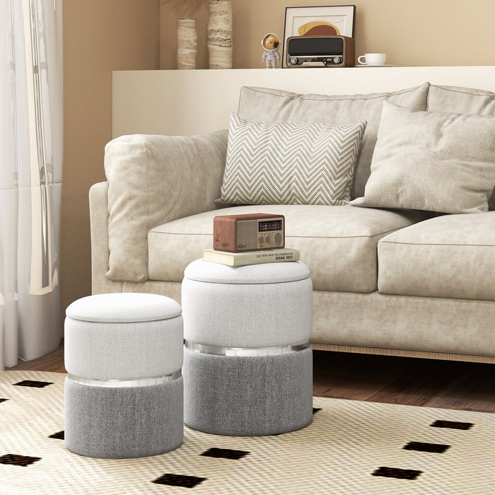 Round Linen Fabric Storage Ottoman - Set of 2 Modern Ottoman Units - Ideal for Extra Storage and Living Room Decor