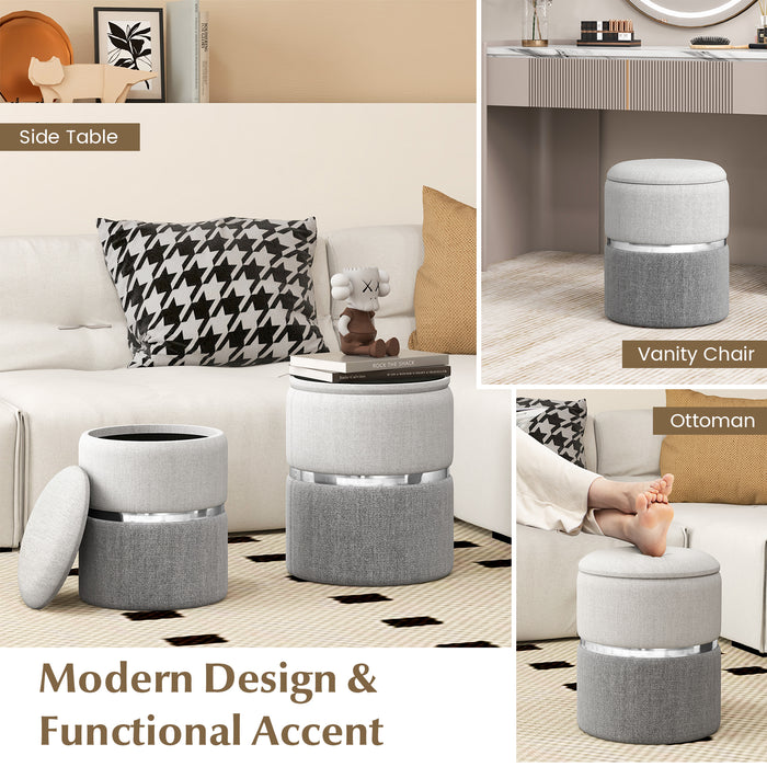 Round Linen Fabric Storage Ottoman - Set of 2 Modern Ottoman Units - Ideal for Extra Storage and Living Room Decor