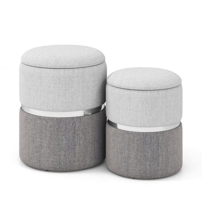 Round Linen Fabric Storage Ottoman - Set of 2 Modern Ottoman Units - Ideal for Extra Storage and Living Room Decor
