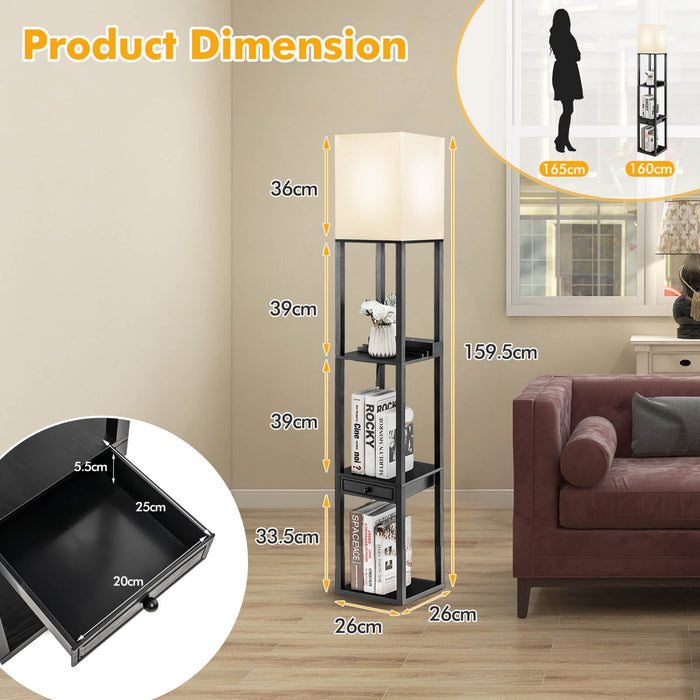 3-Tier Floor Lamp with Storage Shelves - Black Lamp with 3 Levels of Brightness - Ideal for Space Saving and Room Illumination