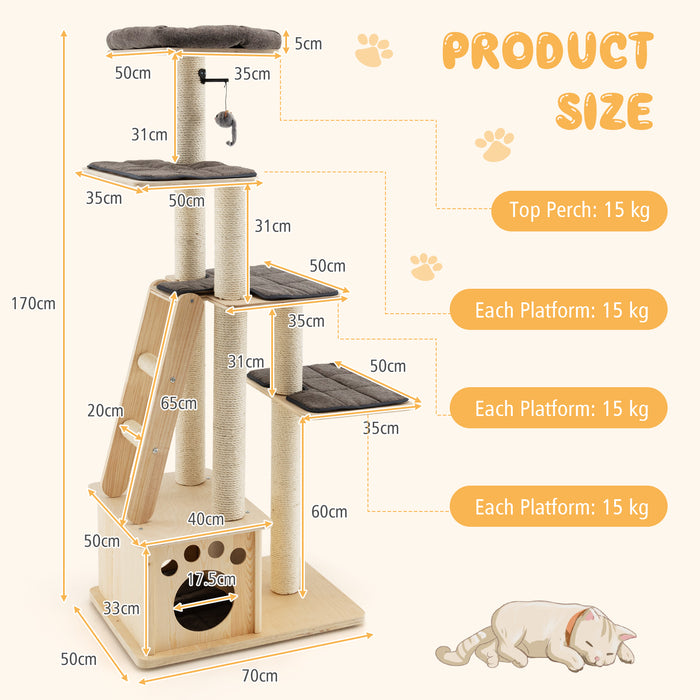 Modern Woodworks - Cat Tree Tower with Hygienic Cat House - Ideal for Indoor Cats and Small Spaces
