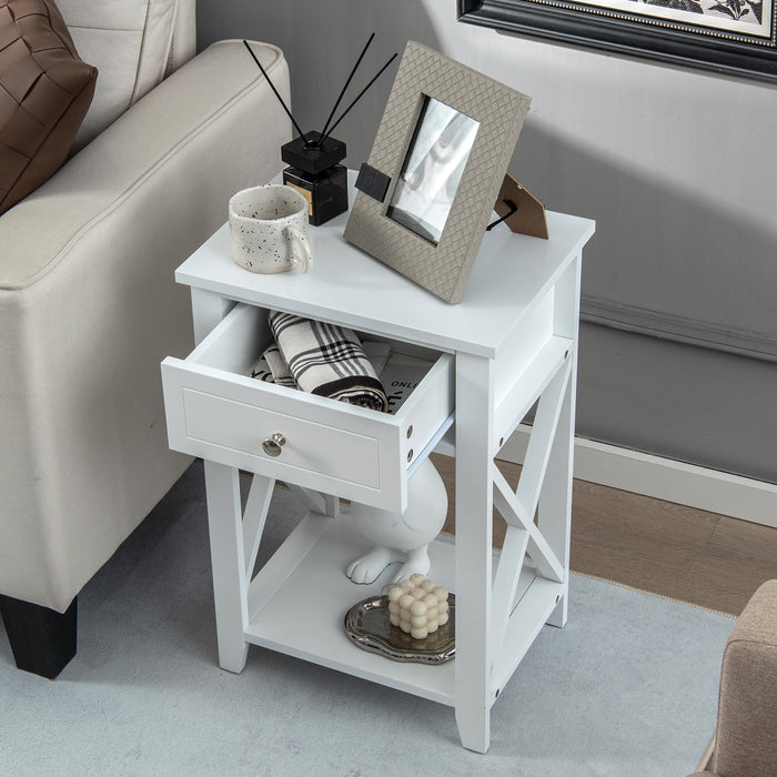 Contemporary X-Design Nightstand - Drawer and Bottom Storage Shelf Features - Ideal for Bedroom Storage Solutions