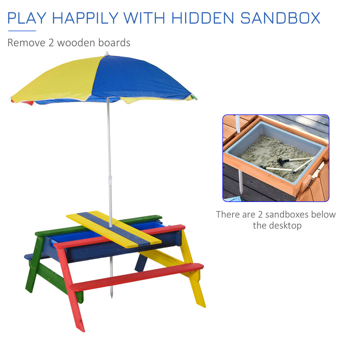 Colorful Kids Picnic Table and Bench Set with Sandbox - Outdoor Wooden Rainbow Furniture with Removable & Height Adjustable Parasol - Perfect for Garden, Patio, Backyard & Beach Playtime