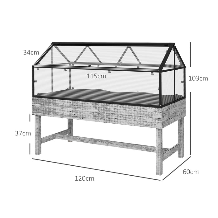 Elevated Wooden Garden Bed with Mini Greenhouse - 120x60x103cm Planter with Polycarbonate Panel and Ventilation - Ideal for Urban Gardening in Distressed Grey