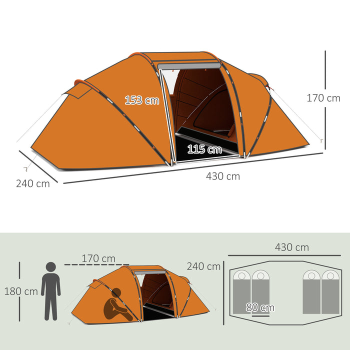 4-6 Person Double Bedroom Tunnel Tent - Outdoor Camping Sun Shelter with UV Protection, Orange - Ideal for Family or Group Hiking Adventures