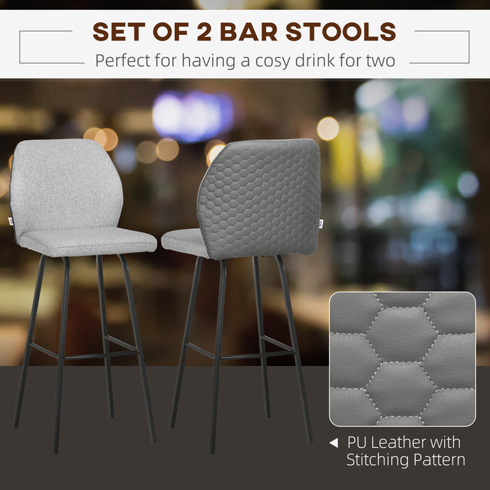 Linen-Touch Upholstered Bar Stools - Set of 2 Kitchen Chairs with Backs, Steel Legs - Stylish Seating for Home Bar and Kitchen Spaces, Light Grey