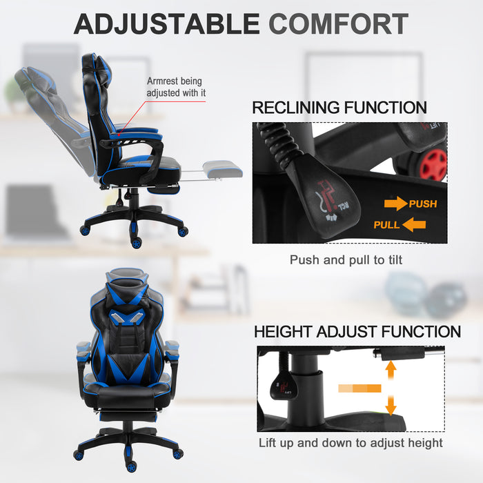 Ergonomic Adjustable Gaming Chair with Retractable Footrest - Racing Style Office Desk Chair with Headrest and Lumbar Support, Rolling Recliner - Comfortable Seating for Gamers and Desk Work