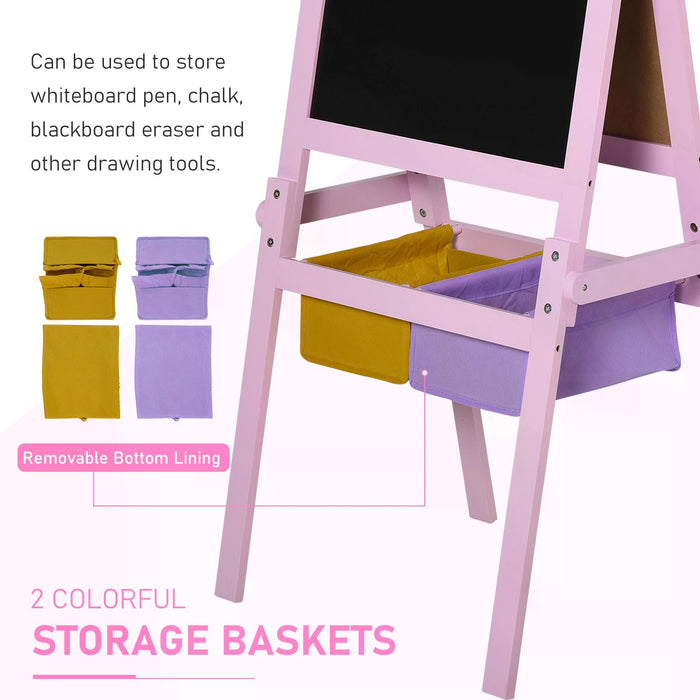 3-in-1 Kids Wooden Art Easel with Paper Roll - Double-Sided Chalkboard & Whiteboard, Storage Baskets - Creative Learning Tool for Toddler Girls 3 Years+ in Pink