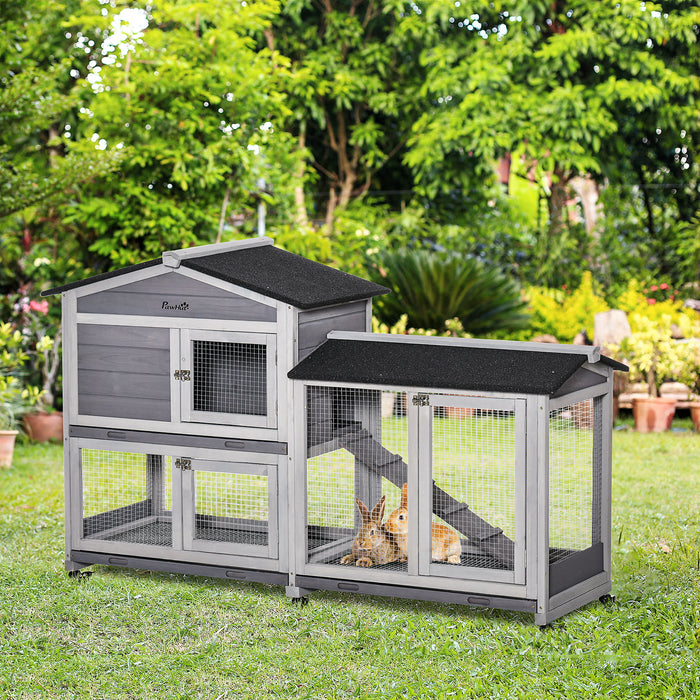 Mobile Two-Tier Rabbit Hutch with Wheels - Wooden Guinea Pig Cage with Run, Slide-Out Tray, and Ramp - Ideal for Bunny Outdoor Living and Exercise 157.4 x 53 x 99.5 cm