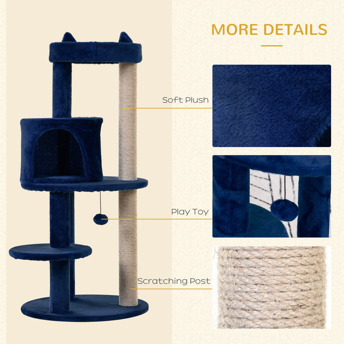3-Tier Cat Scratching Post with Sisal Rope and Dangling Toy - Sturdy Blue Kitten Activity Tower - Ideal for Feline Scratching, Climbing, and Playing