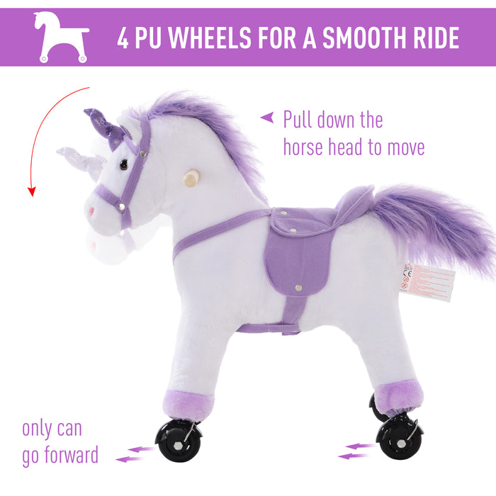 Sit-On Unicorn Horse with Neigh Sound Button - Plush Toy with Safe Seat and Handlebar on a Durable Wood Frame - Ideal for Kids' Imaginative Play