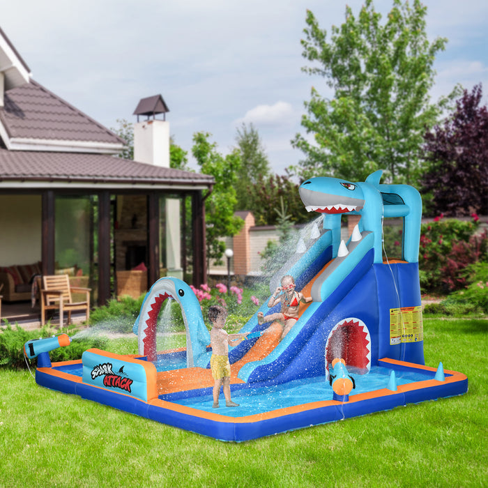 6-in-1 Shark-Themed Inflatable Play Center - Bouncy Castle, Water Park, Slide, Pool, Trampoline with Blower - Ideal for Kids Aged 3-8 Years