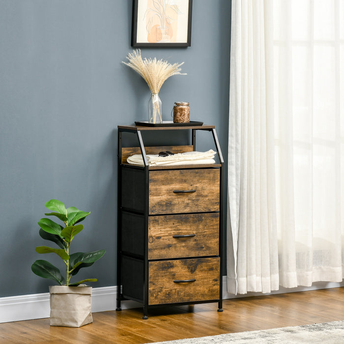 Industrial-Style Fabric Chest - 3-Drawer Storage Cabinet with Display Shelves - Versatile Organizer for Living Room, Rustic Brown Design