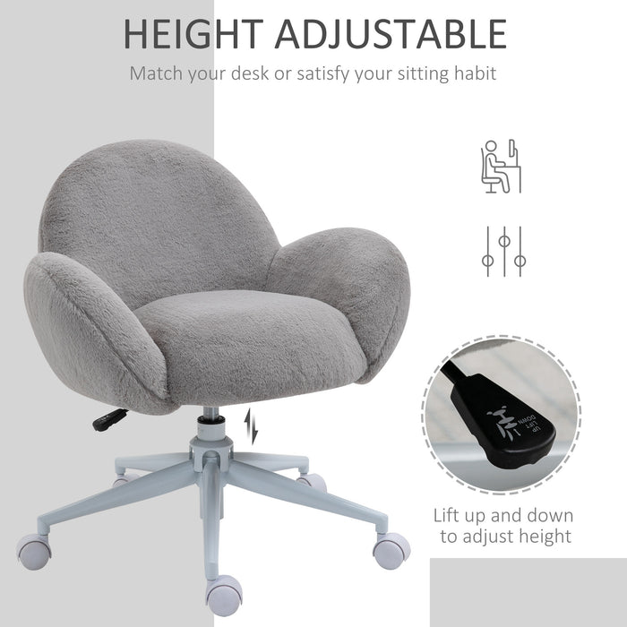 Fluffy Leisure Chair - Ergonomic Home Office Chair with Backrest, Armrests & Wheels - Comfortable Seating for Bedroom & Living Room, Grey