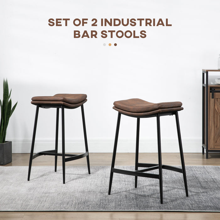 Industrial Style Bar Chairs - Set of 2 Microfibre Upholstered Stools with Curved Seats and Steel Frame - Perfect for Breakfast Bars and Kitchen Islands