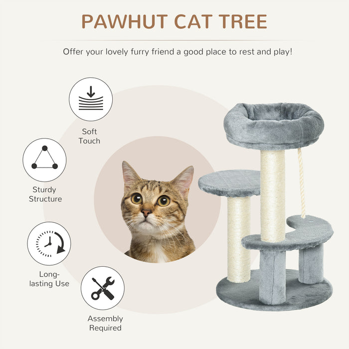 Kitty Scratcher 65cm Cat Tree - Activity Center with Scratching Post, Playhouse & 2 Perches - Ideal for Cats Exercise and Rest with Hanging Sisal Rope, Grey