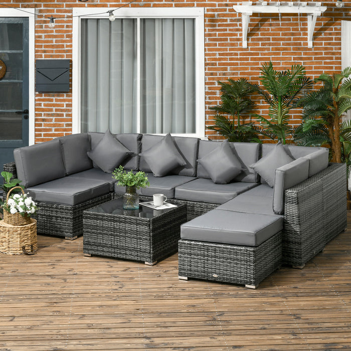 PE Rattan 8-Piece Corner Sofa Set - Outdoor Patio Wicker Furniture with Washable Cushion Covers and Tempered Glass Table - Grey, Comfortable Seating for Garden & Deck Spaces