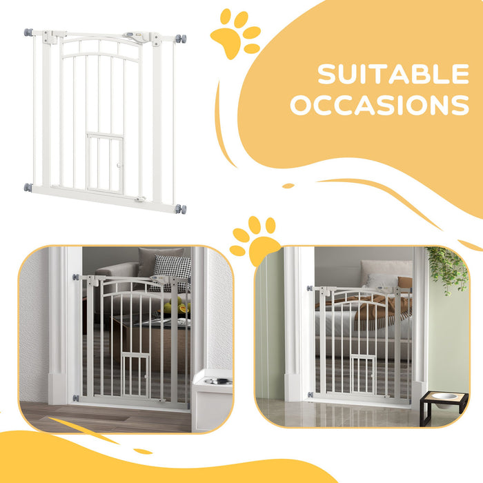Pressure Fit Stair Gate with Cat Door - Auto-Closing Safety Barrier, Double-Locking - Pet Management for Home, Fits 74-80cm Spaces