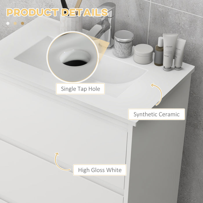 High Gloss White 600mm Vanity Unit with Basin - Sleek Floor Standing Bathroom Sink, Single Tap Hole - 2 Drawer Storage for Modern Home Restrooms