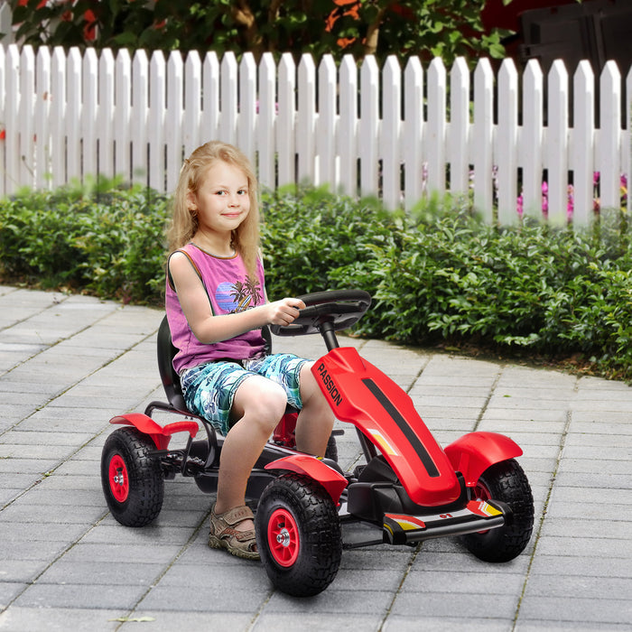 Kids Pedal Go Kart Racer - Adjustable Seat & Inflatable Rubber Tires with Handbrake - Fun Outdoor Riding Toy for Children Aged 5-12, Red
