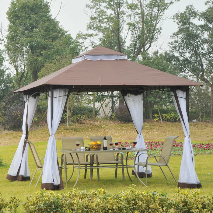Metal Garden Gazebo 3x3m - Square Canopy Shelter with Mesh for Outdoor Parties and Weddings, Brown - Elegant Shade and Bug Protection for Events