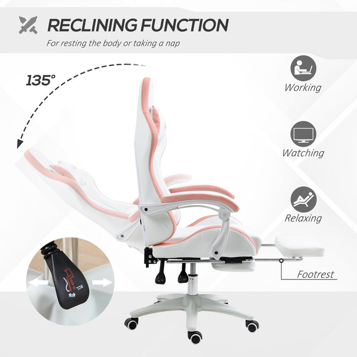 Racing Gaming Chair - Reclining PU Leather Desk Chair with Swivel, Footrest & Removable Headrest - Ergonomic Design for Gamers, White & Pink