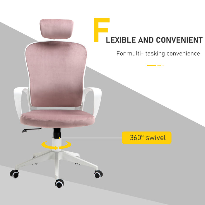 Ergonomic Velvet High-Back Chair with Rocking Feature - Home Office Computer Desk Chair with Wheels & Adjustable Headrest - Comfortable Seating for Long Working Hours, Pink