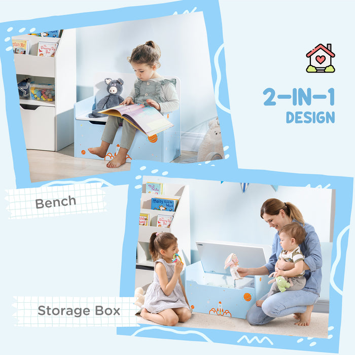 Wooden Toy Chest with Safety Hinge - 2-in-1 Kids Storage Bench and Toy Box Organizer, Rocket Design in Blue - Ideal for Children’s Room Organization
